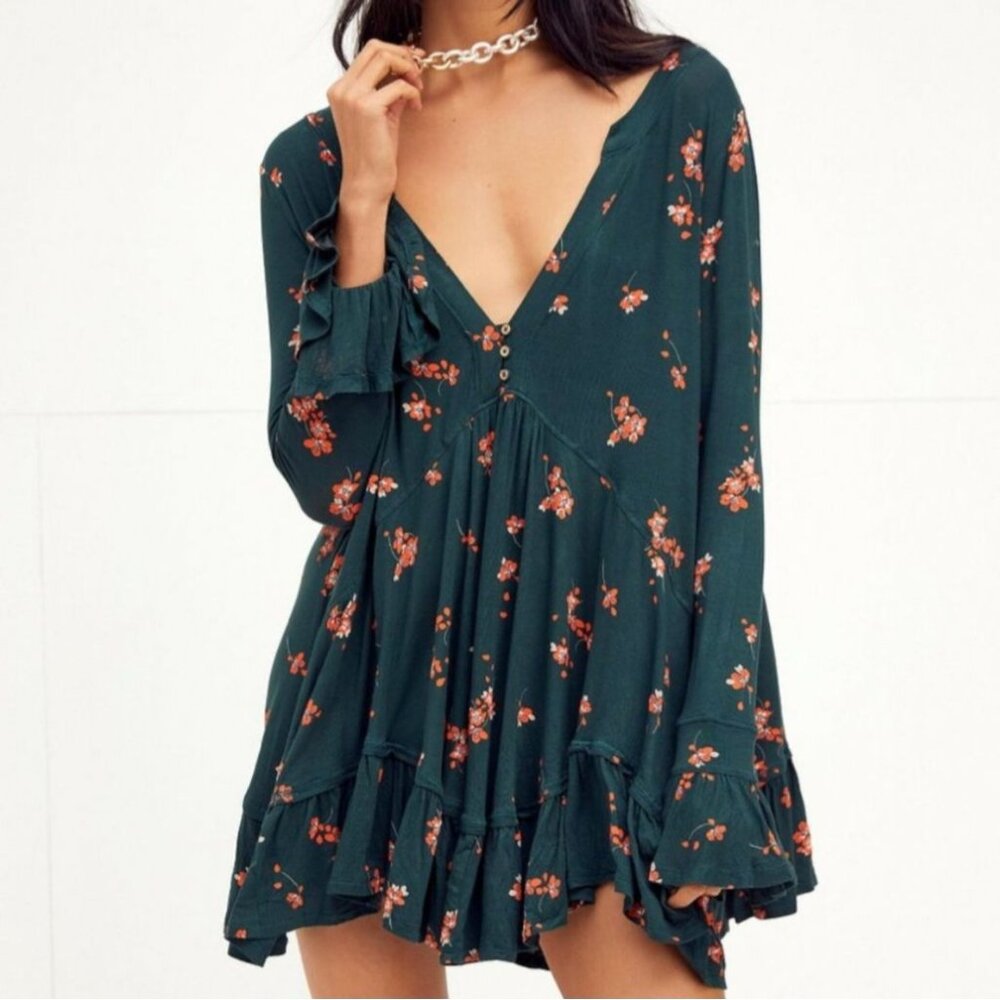 Free People Olivia Small Green Floral Flowy Tunic Mini Dress